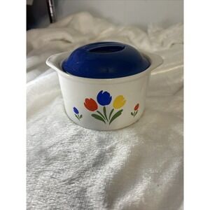 1985 Tulip Tyme Stoneware Small Casserole Baking Dish  Blue Lid Oven to Table